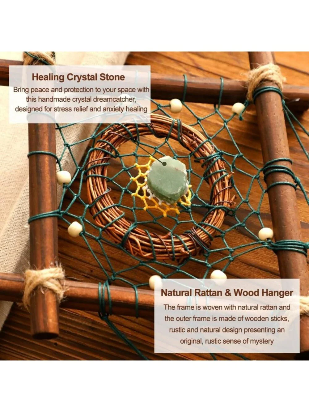 Handmade Boho Dream Catcher Wall Decor | Rattan & Crystal Feathers | Natural